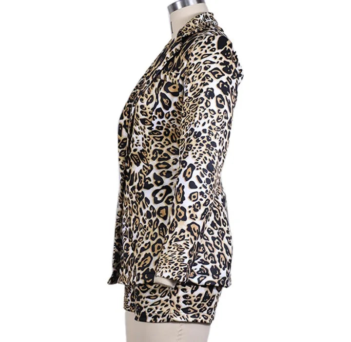 Conjunto de dos piezas de shorts para mujer, trajes de otoño e invierno, a la moda, estampado de leopardo, casual, blazer de manga larga y pantalones cortos