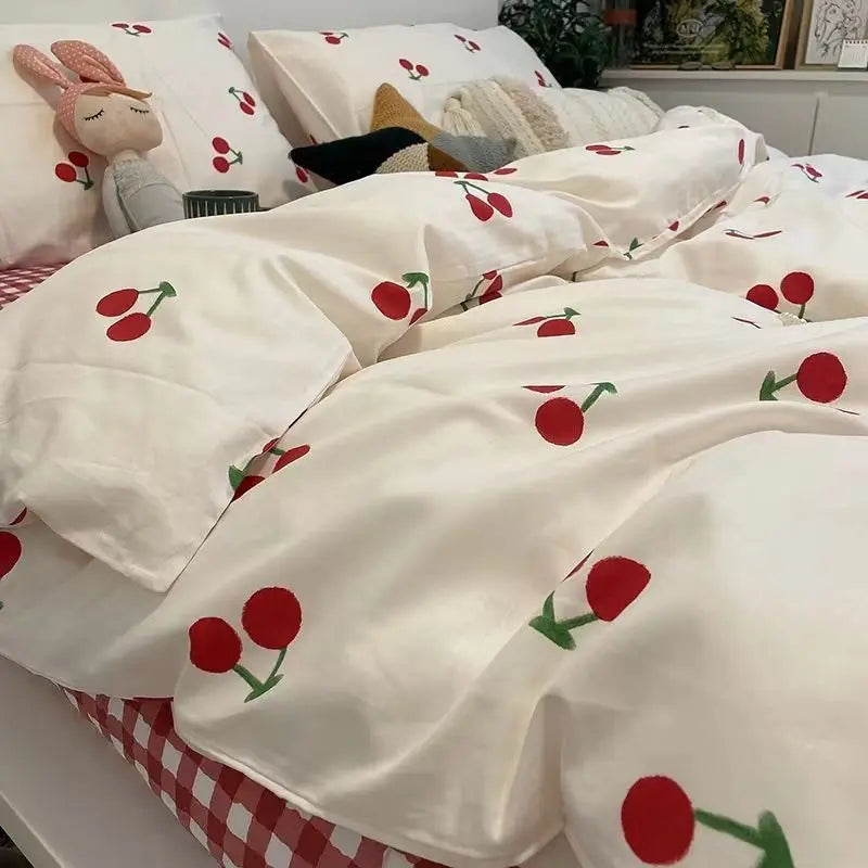 Juego de ropa de cama Kawaii para niños y adultos, sábana encimera, funda de edredón, funda de almohada, tamaño individual, doble, completo, ropa de cama floral de cerezo, textil para el hogar
