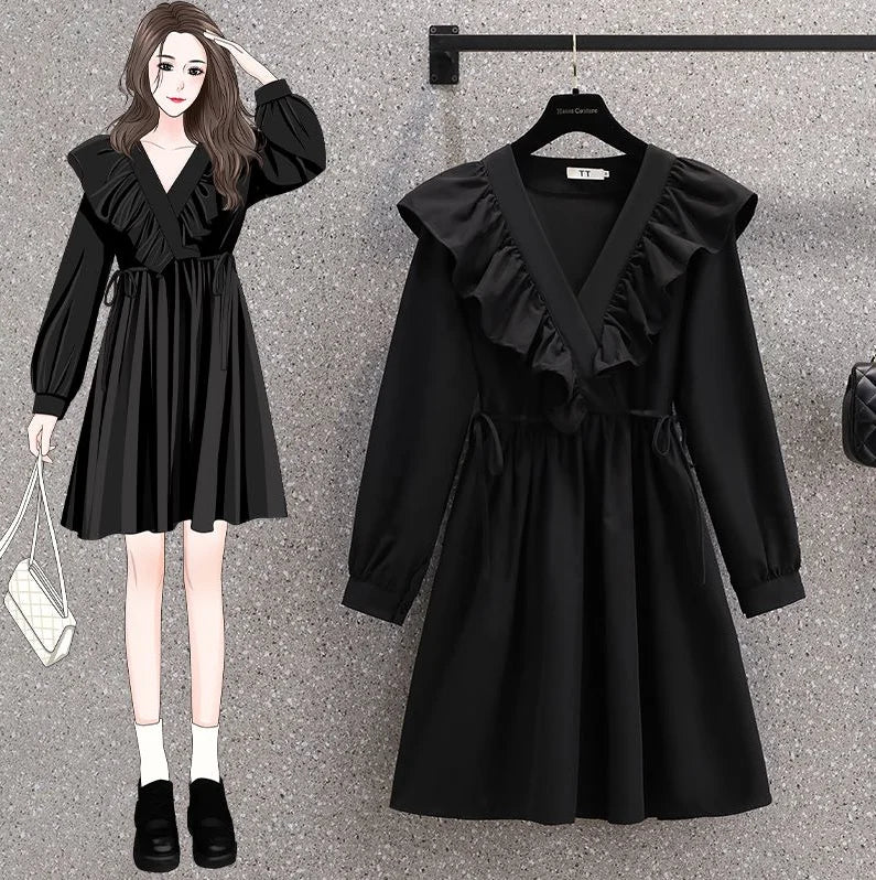 Plus Size Dresses Women Autumn New Arrivals Long Puff Sleeve Black V Neck A Line Dress Large Size Women Clothing Dress