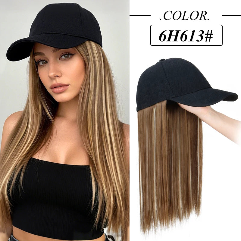 Gorro Sintético con Peluca de Pelo Largo, Liso y Negro, Extensión de Pelo con Gorra de Béisbol, Diseño Todo en Uno Elegante y Conveniente para Mujeres