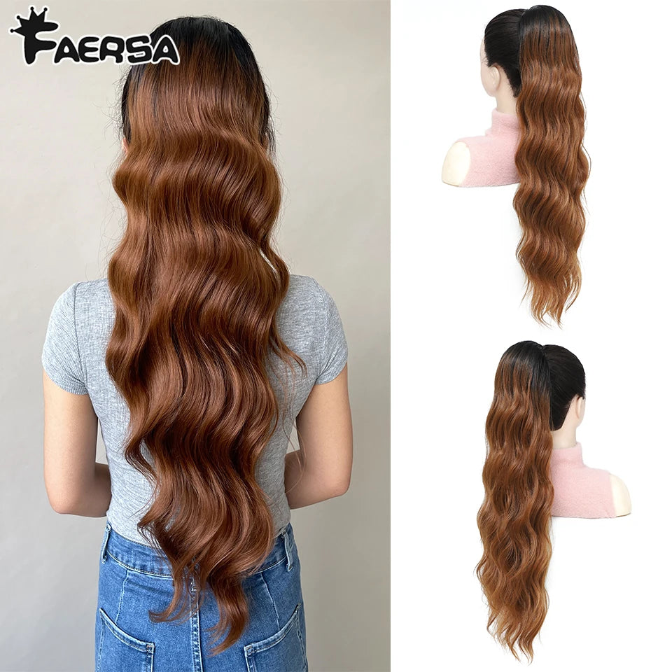 Queue de cheval à cordon de serrage de 28 pouces Extensions de cheveux synthétiques pour femmes noires Longue queue de cheval ondulée à clipser haute température pour femme afro