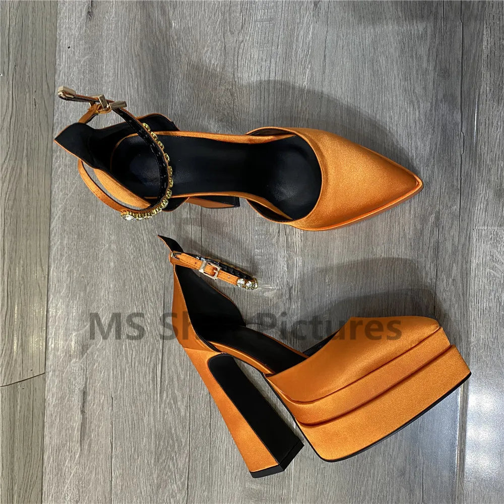 Luxury Women High Heel Shoes Platform Sandals Pointed Toe Woman Silk Pumps Sexy Rhinestone Buckle Chunky Heel Wedding Shoes 2024