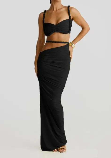 Skirt Set for Women's Fashion Spring Summer Latest Clothin Sexy Solid Color Backless Small Tank Top Hip Hugging Skirt Set