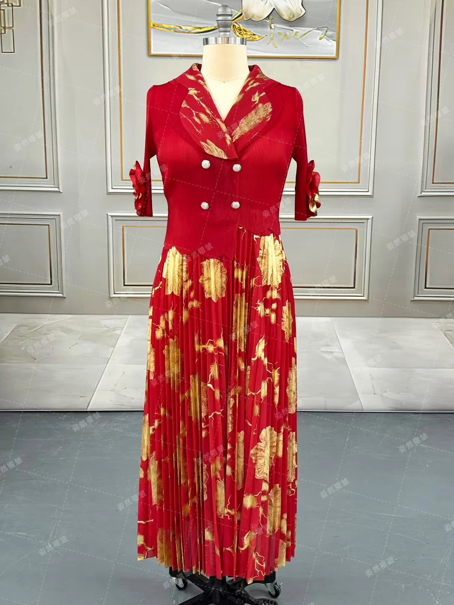 Luxury Women Chic Evening Dresses Formal Ball Gowns Elegant Party Miyake Pleated Long Sleeve Dress Female Plus Size Clothes
