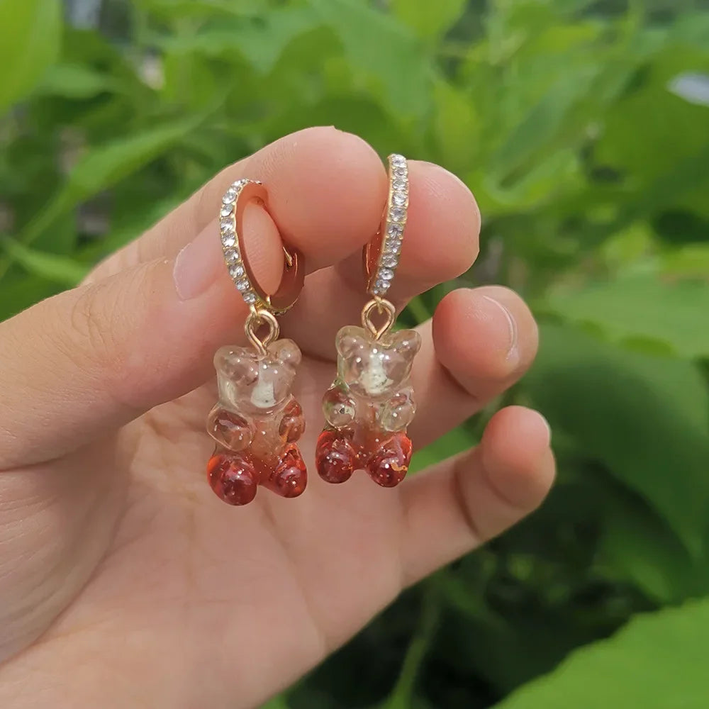 Pendientes colgantes de oso de gominola de acrílico bonitos para mujer, pendientes de aro de oso arcoíris CZ, joyería dulce de niña, moda coreana 2022
