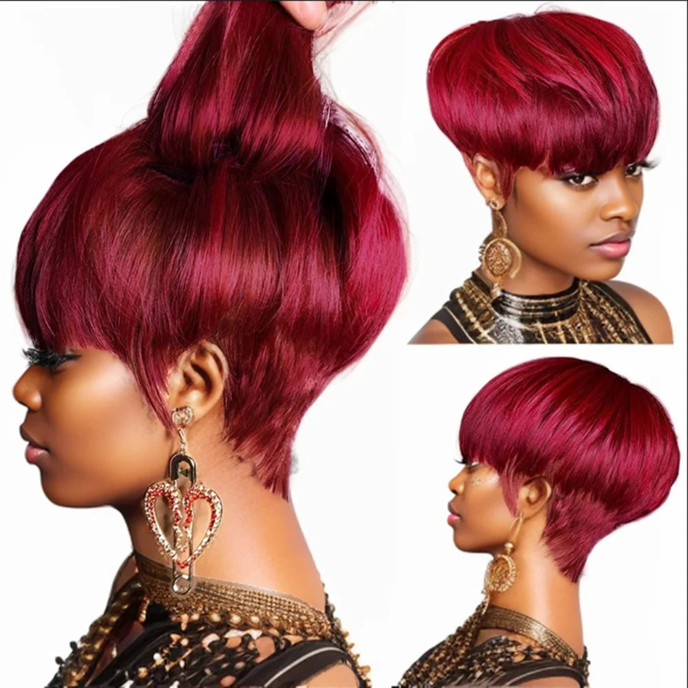 Short Pixie Cut Human Hair Wig Orange 99J Short Straight Bob Human Hair Wigs For Women Natural Remy Hair Wig Machine Made