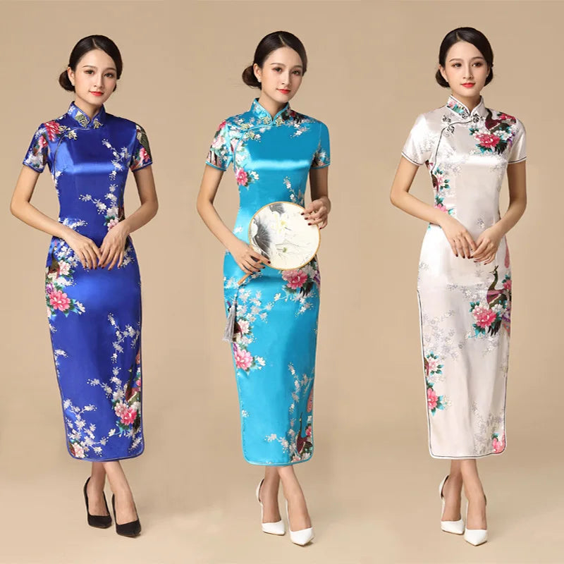 Print Satin Qipao Lady Elegant Dresses Sexy Cheongsam Chinese Tradition Style Dress Summer New Long Qipaos Plus Size 4Xl5Xl6Xl
