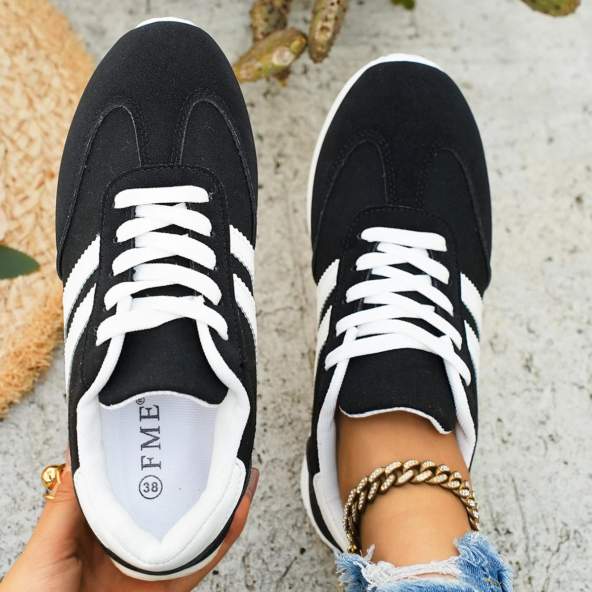 Women's Lightweight and Breathable Casual Sports Shoes - featuring a white and orange stripe design, with a synthetic material