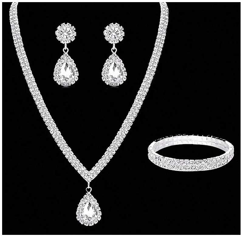 Juego de joyas lujosas de 4 piezas, exquisito colgante de diamantes de imitación, elegante collar, pendientes y pulsera chapados en plata con cristales para mujer