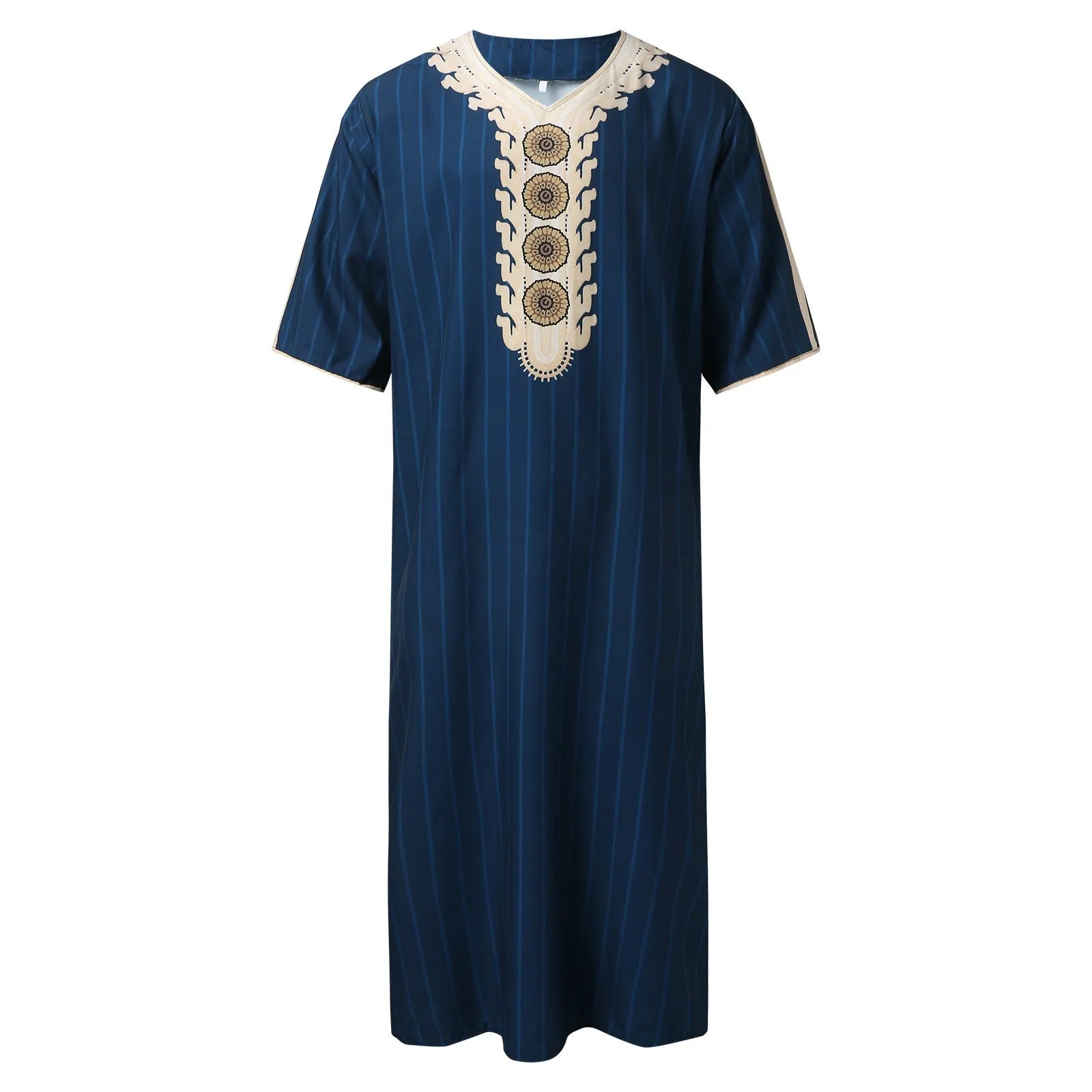 Muslim Men'S Clothing Hand-Embroidered Loose Breathable Summer Fashion Loose Robe Dubai Luxury V-Neck Short Sleeve Printing