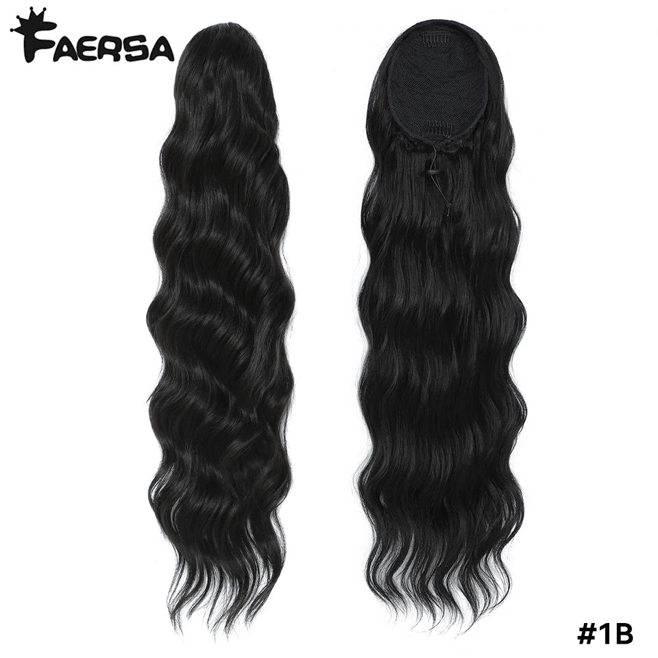 Queue de cheval à cordon de serrage de 28 pouces Extensions de cheveux synthétiques pour femmes noires Longue queue de cheval ondulée à clipser haute température pour femme afro