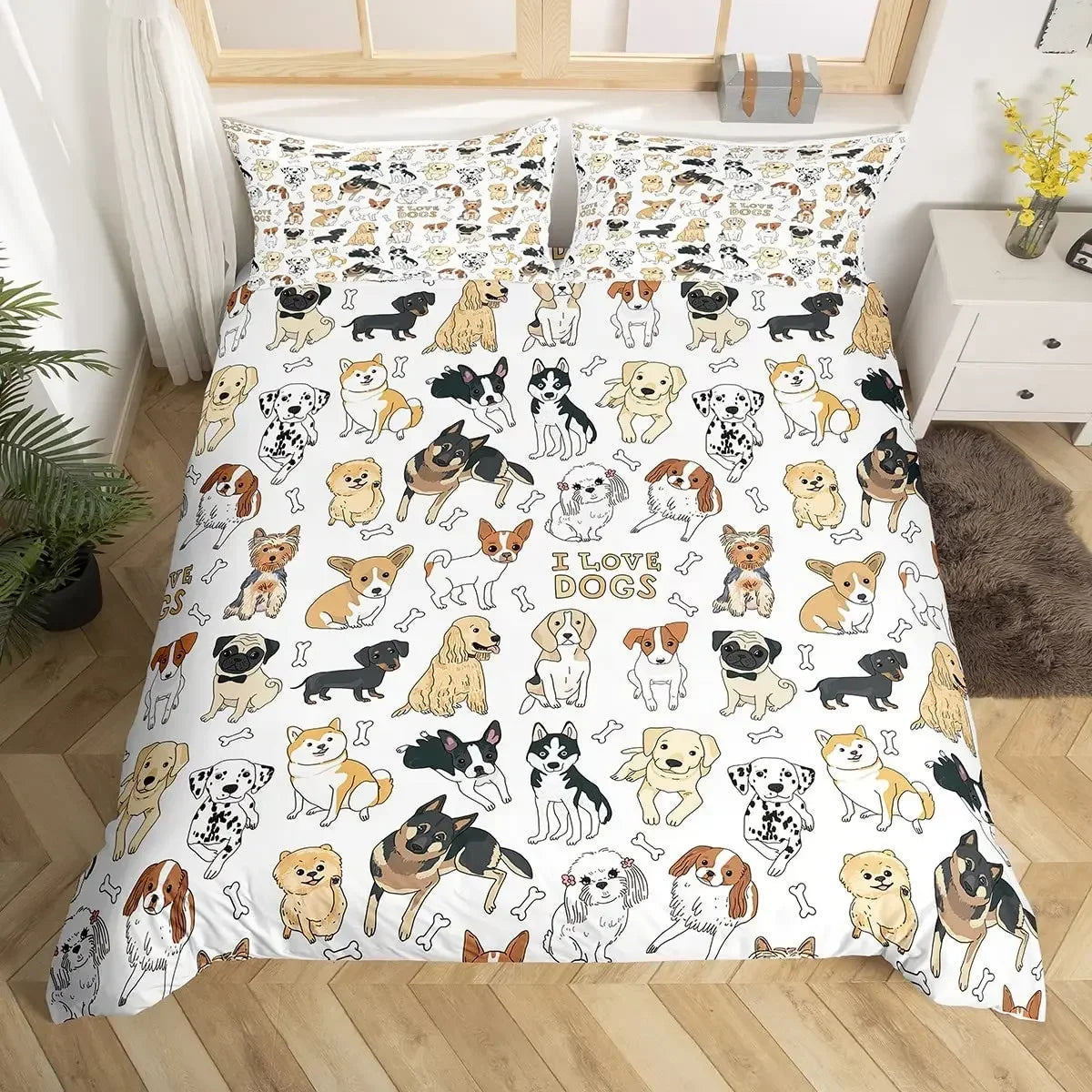 Juego de ropa de cama para niños con diseño de perro bonito, edredón de dibujos animados de perros para niños y niñas, funda de edredón de poliéster con diseño de animales de mascotas.