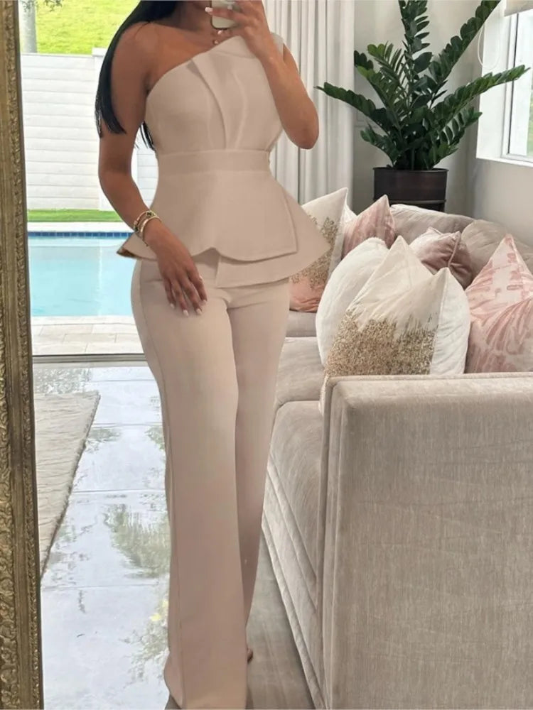 Women's Two-piece Sets Spring And Summer Single-shouldered Wrinkled Sleeveless Top & High-waisted Straight Pants 2pcs Set