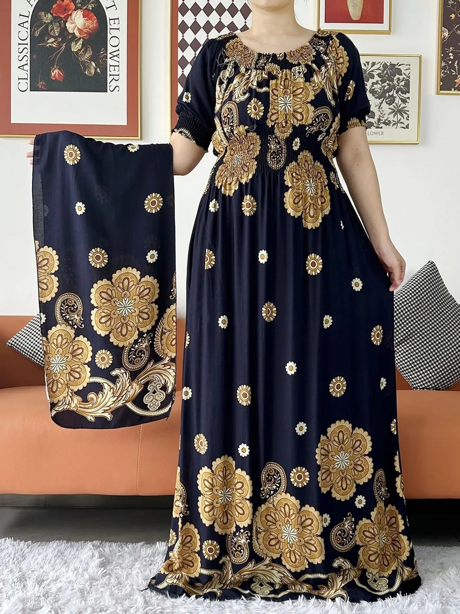 New Summer Women Abaya Short Sleeve Dashiki Floral Collect Waist Loose Maxi Robe Floral Femme Musulmane African Printing Abaya