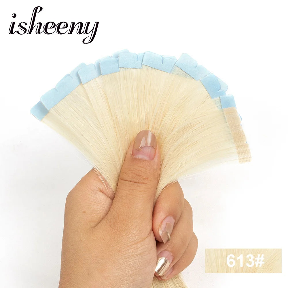 Isheeny 12"-24" Mini Tape Hair Extensions Machine Remy Human Hair Adhesive Tape In Human Hair Natural Straight 10pcs/pack