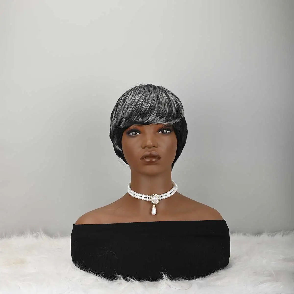 Short Wigs for Women Natural Layered black wigs with Bangs for Women Synthetic Curly Pixie Wigs Short Hair for Women Heat Resistant Fiber Wig for Daily Use (Grey Mixd Black)