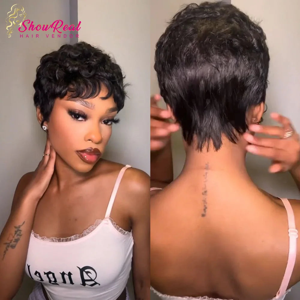 Short Wigs for Women Glueless Pixie Cut Human Hair Wigs With Bangs Natural Black Color Wear and go Breathable Lightweight Wig for Everyday Use