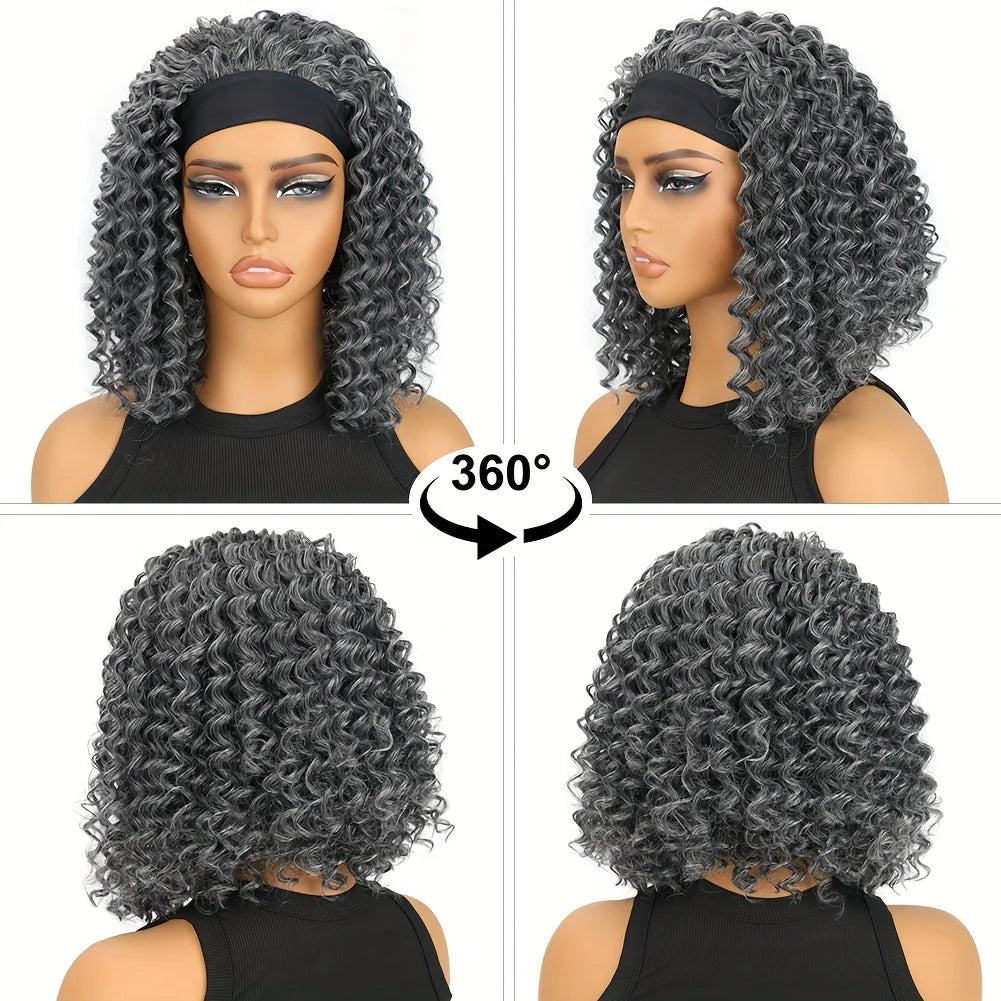 12" Afro Kinky Curly Headband Wig Synthetic Afro Curly Headband Wig Glueless Black Mix Brown Headband Wig For Women Daily Wear