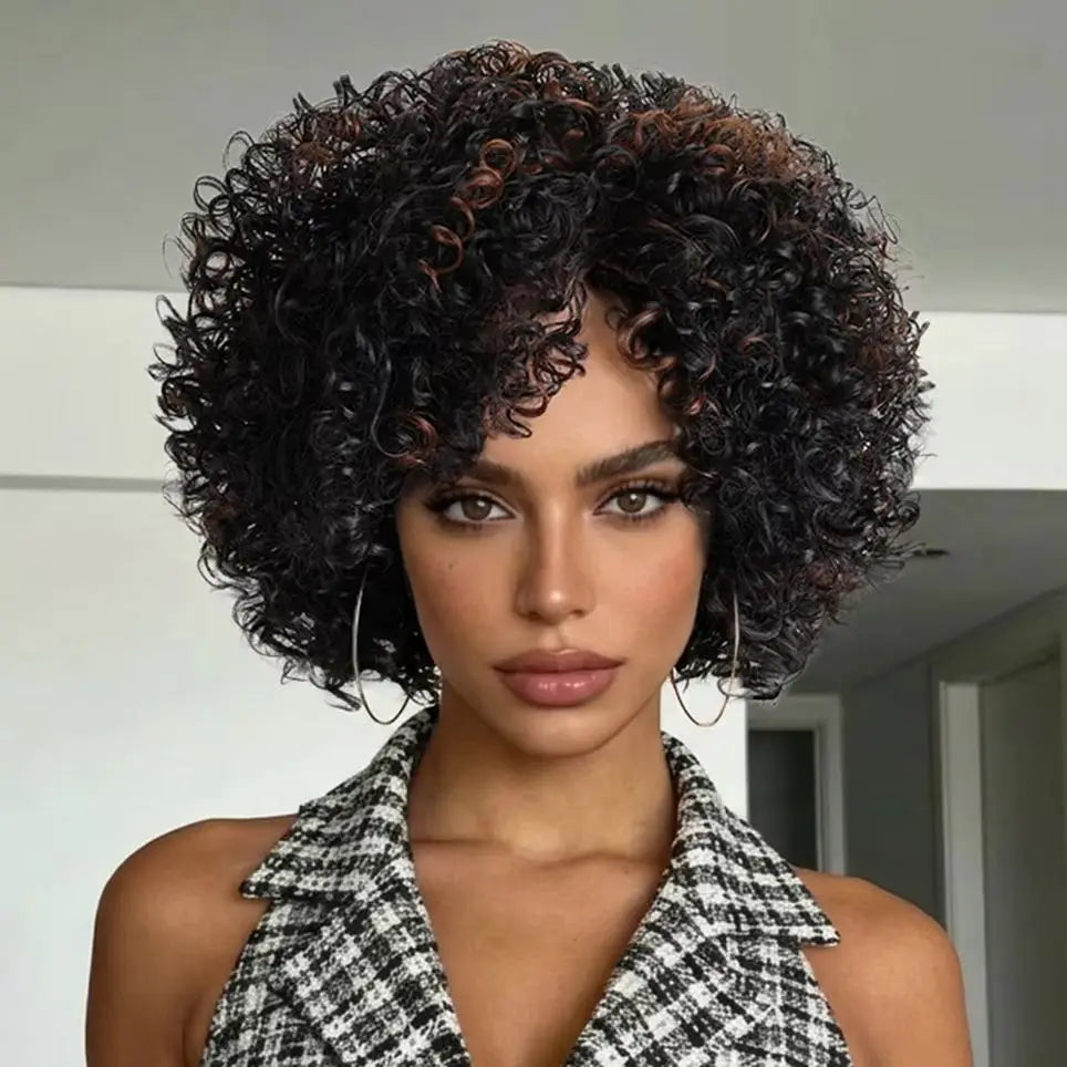 12 Inch Curly Wigs for Women Natural Black Synthetic African American Full Kinky Curly Afro Hair Wig with Bangs