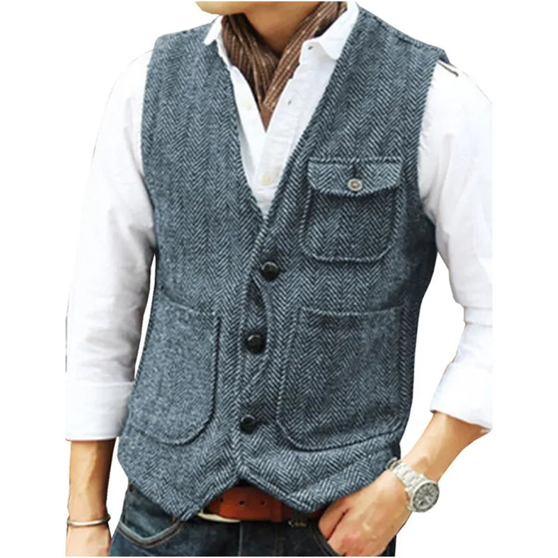 Vest Men's Casual Tooling Formal Herringbone Tweed Brown V Neck Wool Waistcoat Business Vest Groomsman For Wedding Prom
