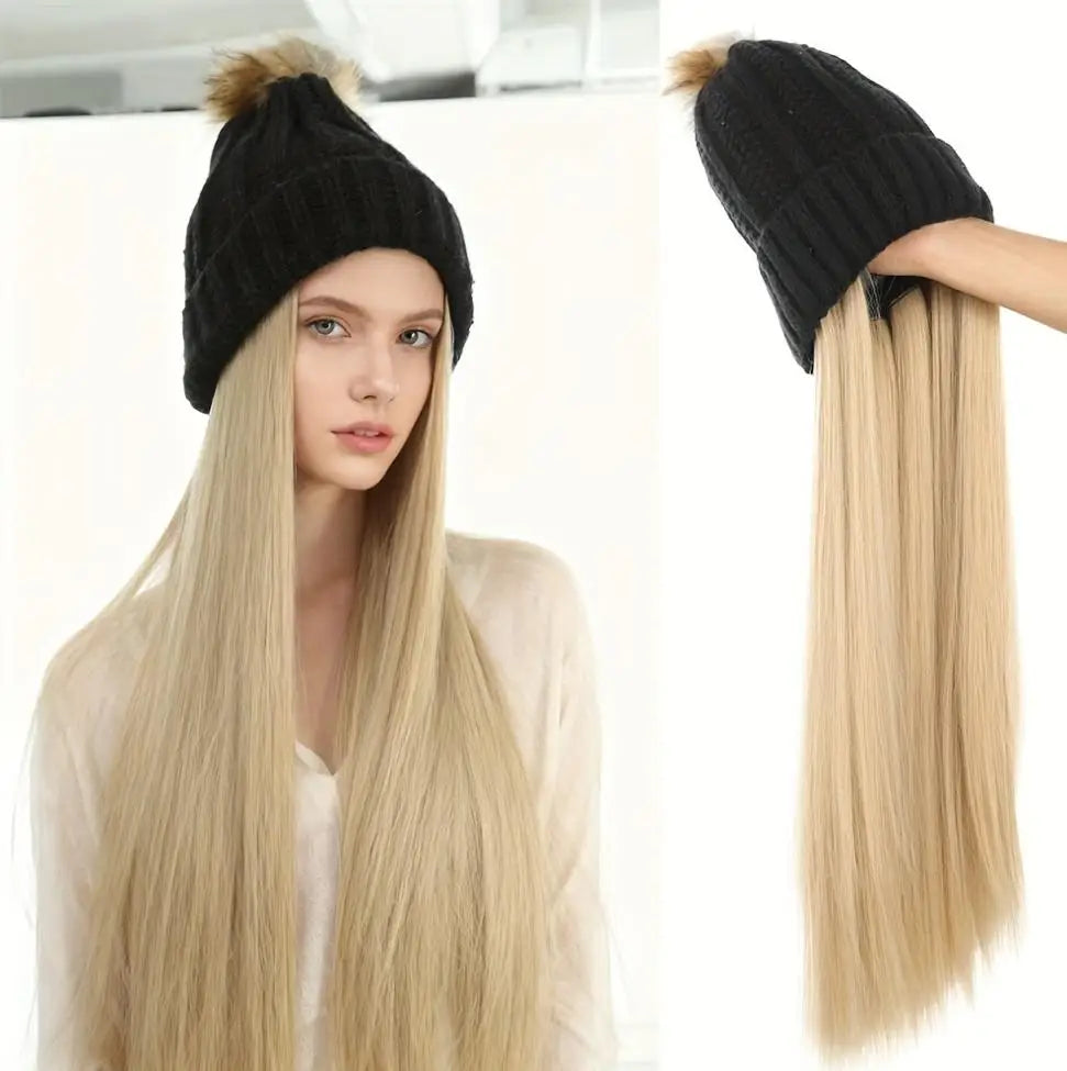 Gorro de punto para mujer, con pelo largo liso, cálido, para invierno, con pelo de fibra sintética negra realista, para clima frío