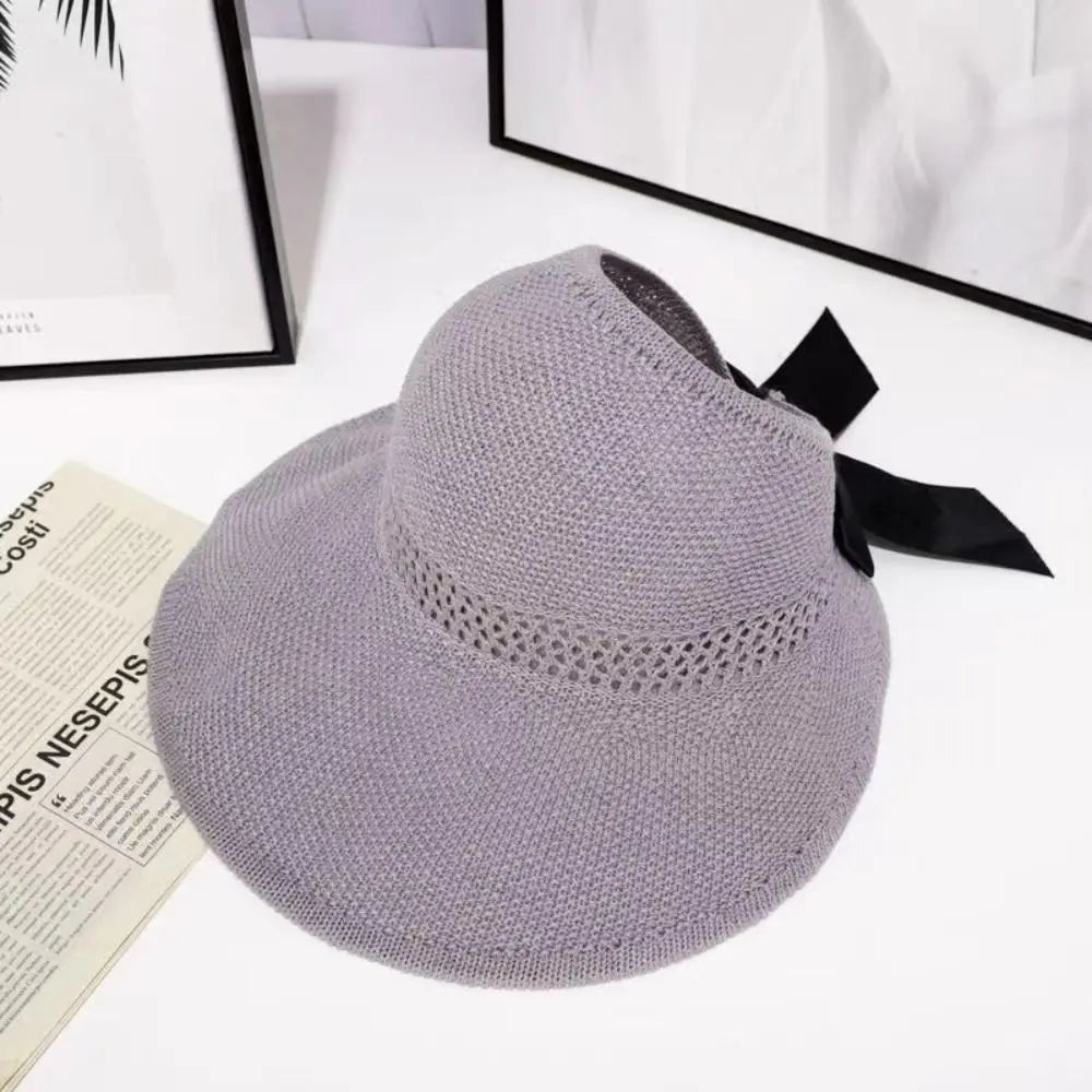 Chapeau de soleil à nœud creux tendance pour femme, large bord, queue de cheval, casquette de plage, protection UV, crochet