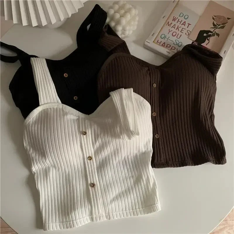 Women's Cropped Tops with Bra Pads Summer 2025 Corset Korean Suspenders Vest Sexy Slim Camisole