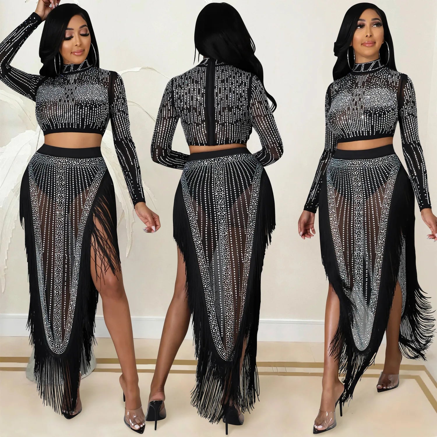 Skirt Set Women Two Piece Sets Dress Sets Mock Neck Matching Set Diamond Short Tops Party High Waist Long Skirts Sexy Hot Tassel