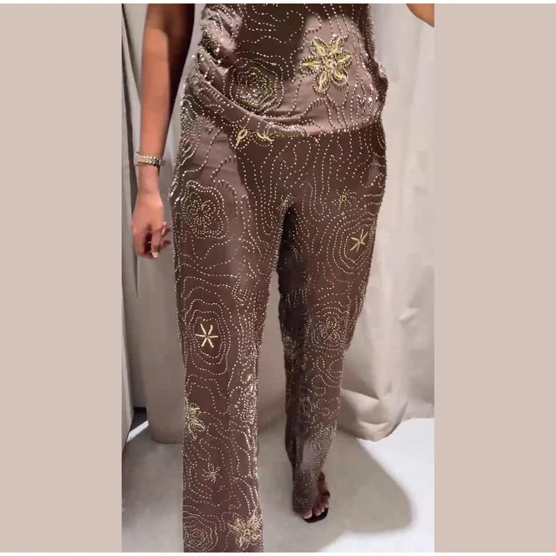 Chic Beaded Women's Top Pant Set Sexy Slim Halter Sleeveless Crop Tops See Through Elastic Waist Wide Leg Pants Summer Outfits