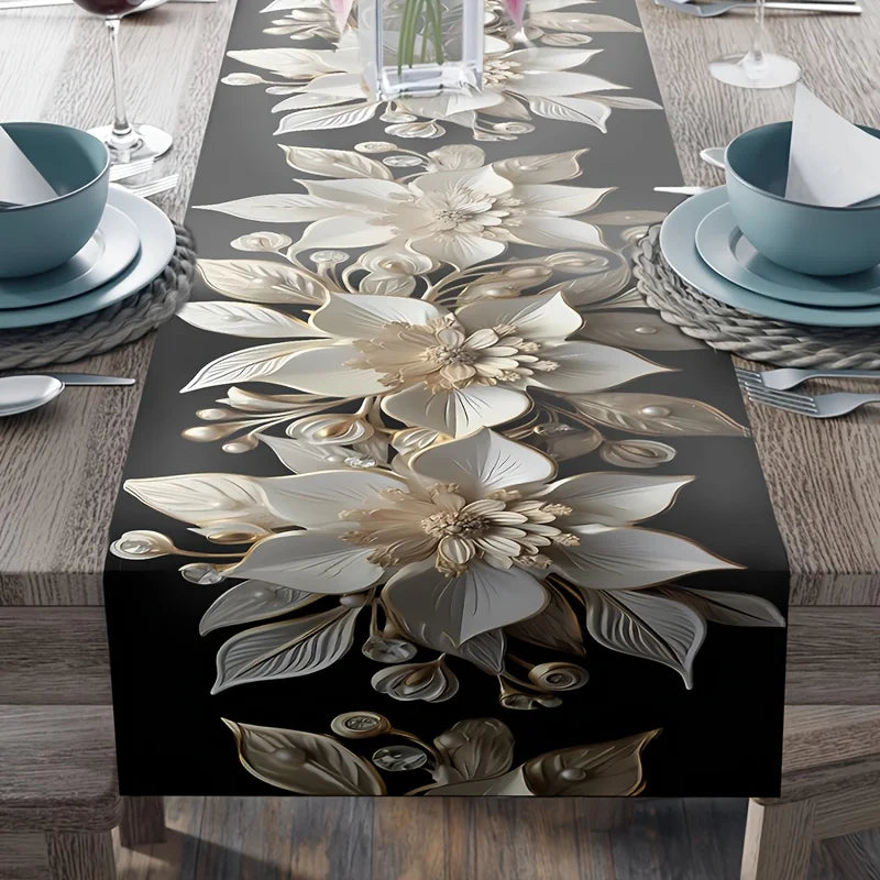 1 camino de mesa elegante floral blanco y dorado, fibra de poliéster duradera, rectangular | Perfecto para comidas festivas y fiestas al aire libre