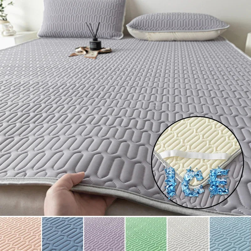 Cooling Bed Sheet Set with Pillowcases Ice Silk & Latex Quilted Breathable Cover Solid Summer Bedding Comfort & Heat Resistance