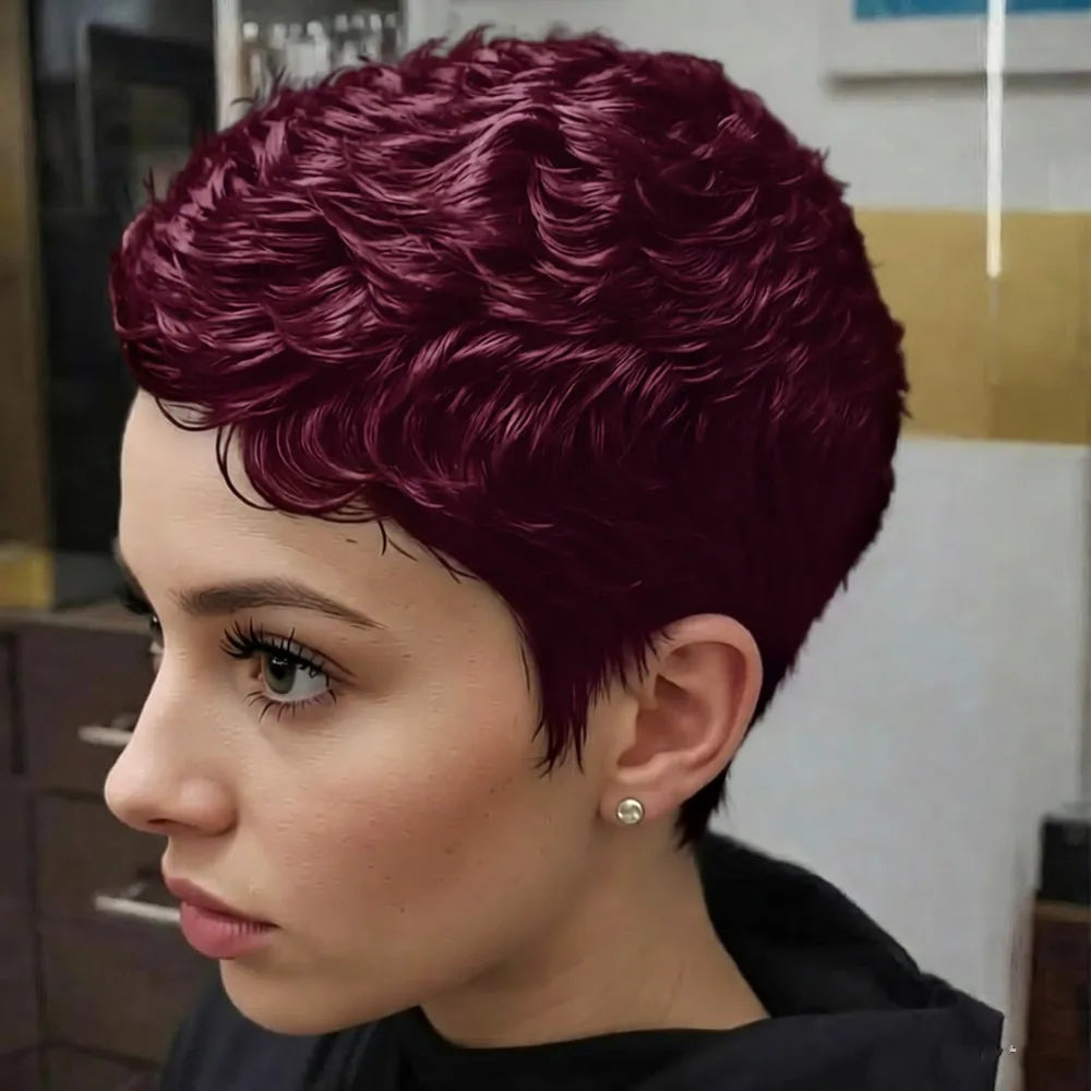 Peluca de pelo humano Remy hecha a máquina, corte pixie, corto, liso, en capas, negro natural/99j/30, de 4 pulgadas y 150% de densidad.