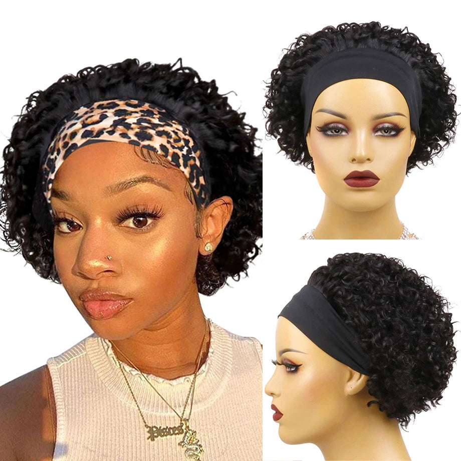 Peluca con diadema rizada de cabello humano - Rizos Kinky Bob corto, Peluca de ajuste universal con diadema para mujer, a la moda y hecha a máquina