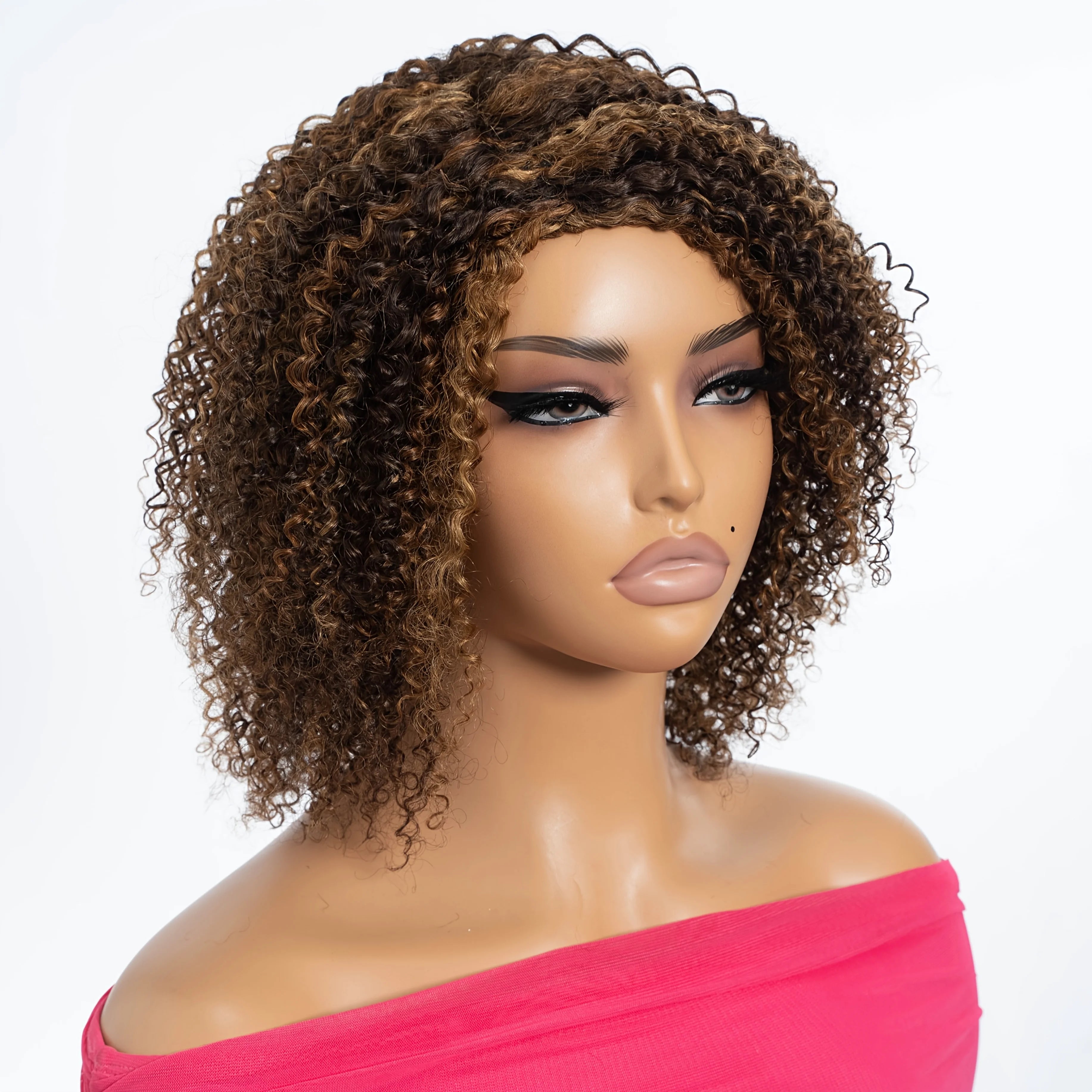 Highlight Short Kinky Curly Human Hair Wigs with Bangs Glueless Wig Brazilian Remy Short Curly Bangs Wig Human Hair for Women