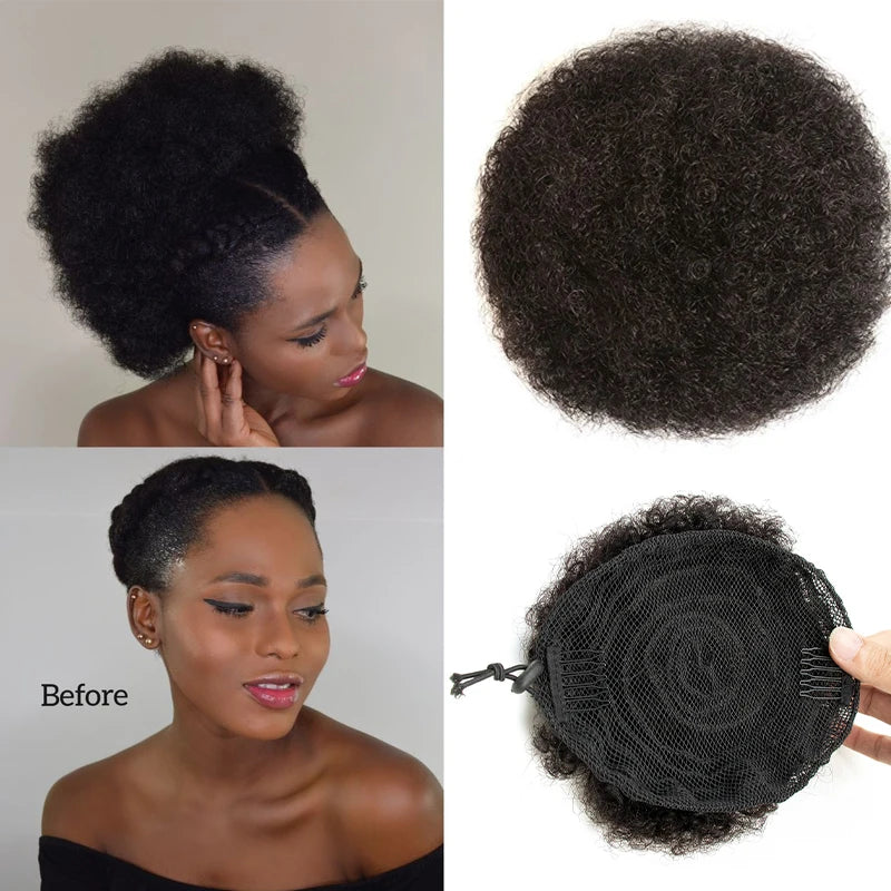 Afro Puff Kinky Curly Human Hair Ponytail Curly Drawstring High Bun HairPiece Clip in on Updo Chignon for Black Women 4 6 8 inch