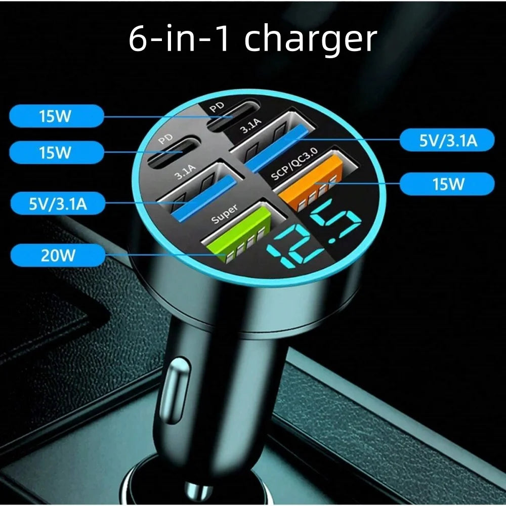 6 In 1 Fast Charging Car Charger PD QC3.0 USB C Digital Display For iPhone Samsung Vivo OPPO Oneplus Car Mobile Phones Adapter