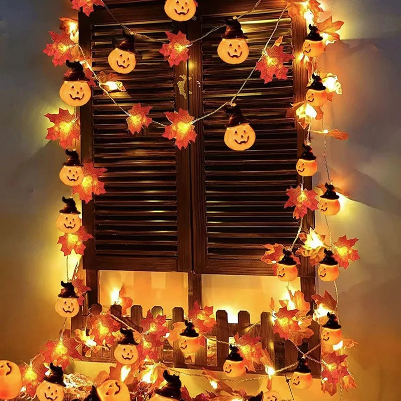 1.5M Fall Garland with Pumpkin Lights Halloween Decoration Maples Leaves String Lights Fall Light Thanksgiving party home decor