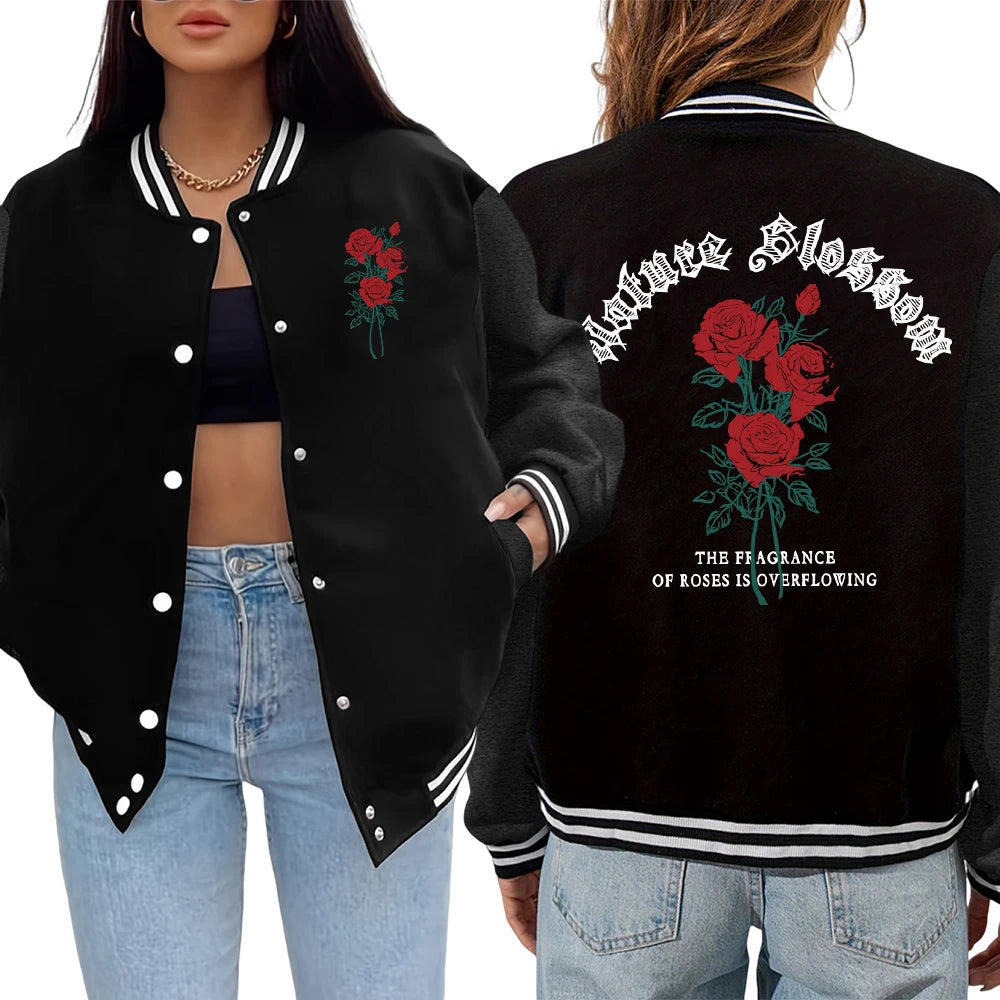 Rose Is Overflowing Prints Jackets Women Hip Hop Street Baseball Jersey Fashion Casual Y2K Womenswear Loose Warm Veste Unisex