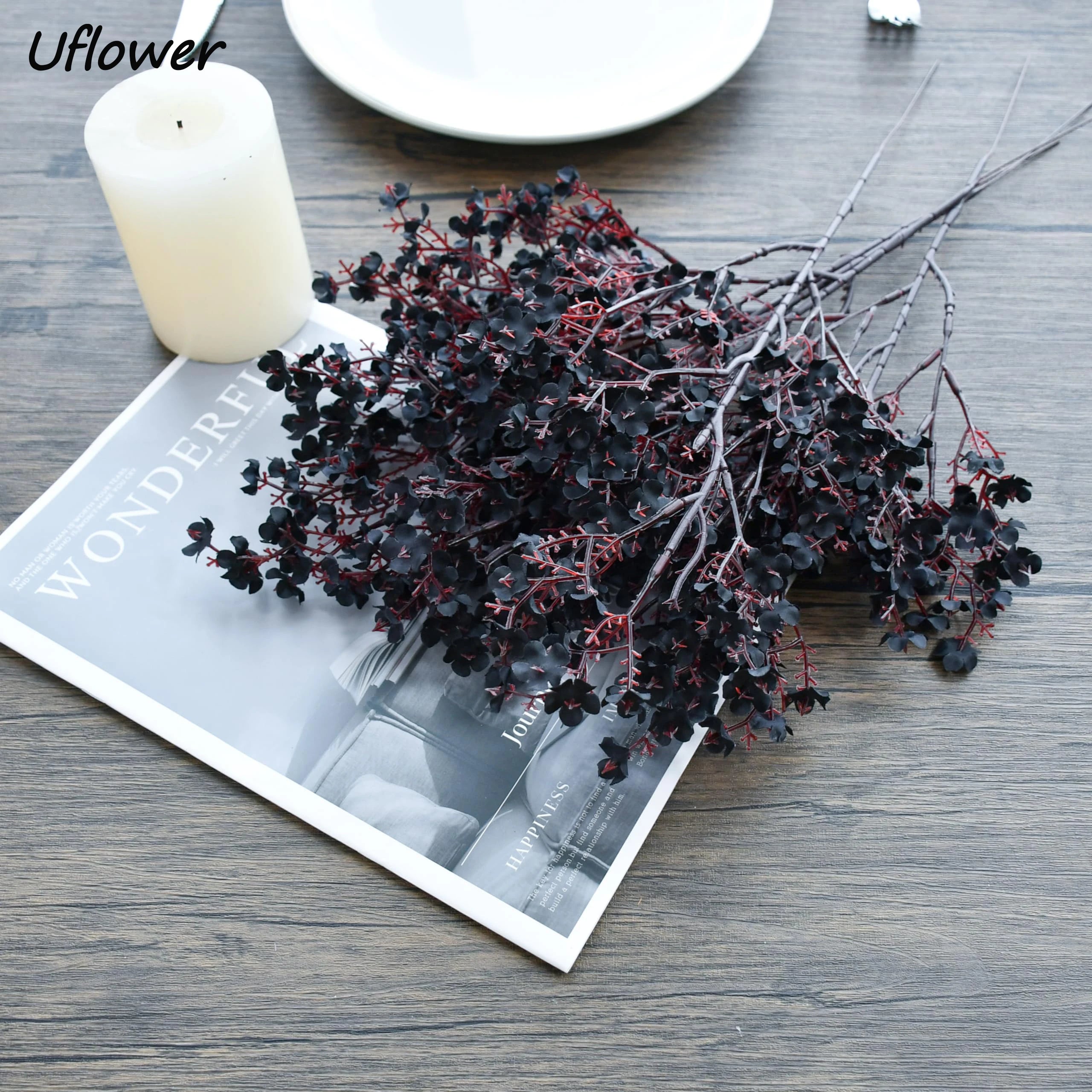 Black Artificial Flowers Cherry Blossoms Gypsophila Fake Plants DIY Wedding Bouquet Vases for Home Decor Faux Christmas Branch