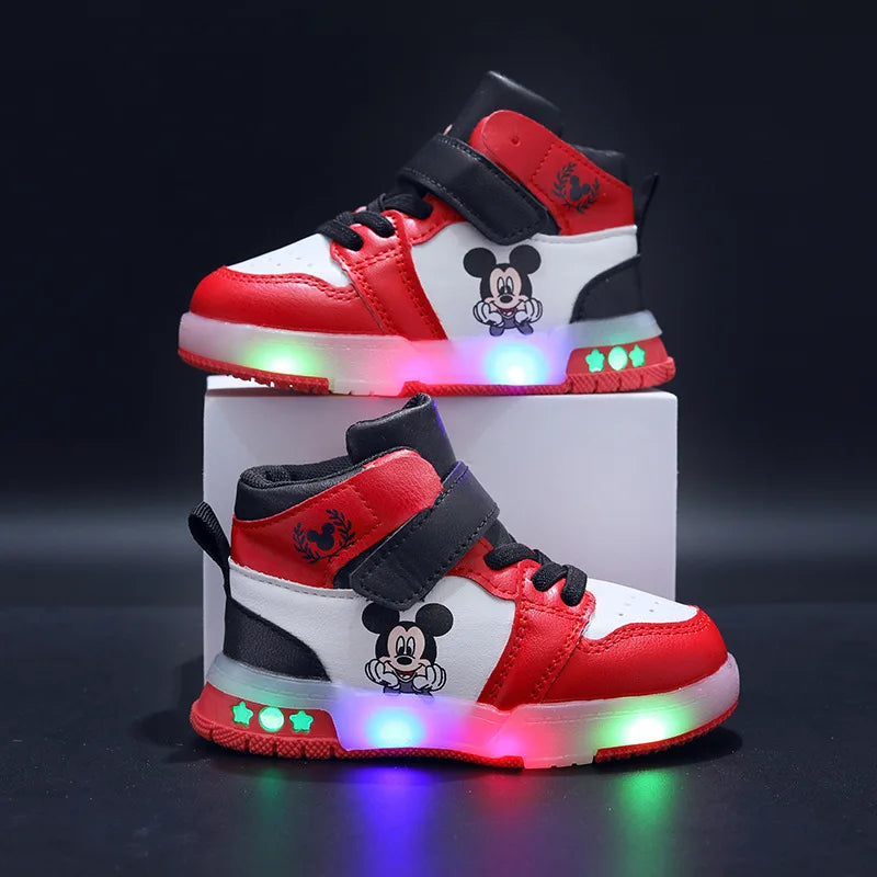 Disney Girls' Causla Shoes PU Leather Mickey Mouse LED Luminescent Children's Sneaker 1-6 Year Old Boys' Sports Casual Shoes