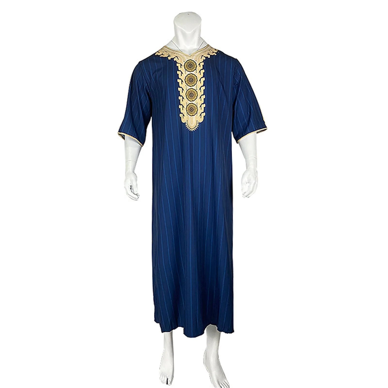 Muslim Men'S Clothing Hand-Embroidered Loose Breathable Summer Fashion Loose Robe Dubai Luxury V-Neck Short Sleeve Printing