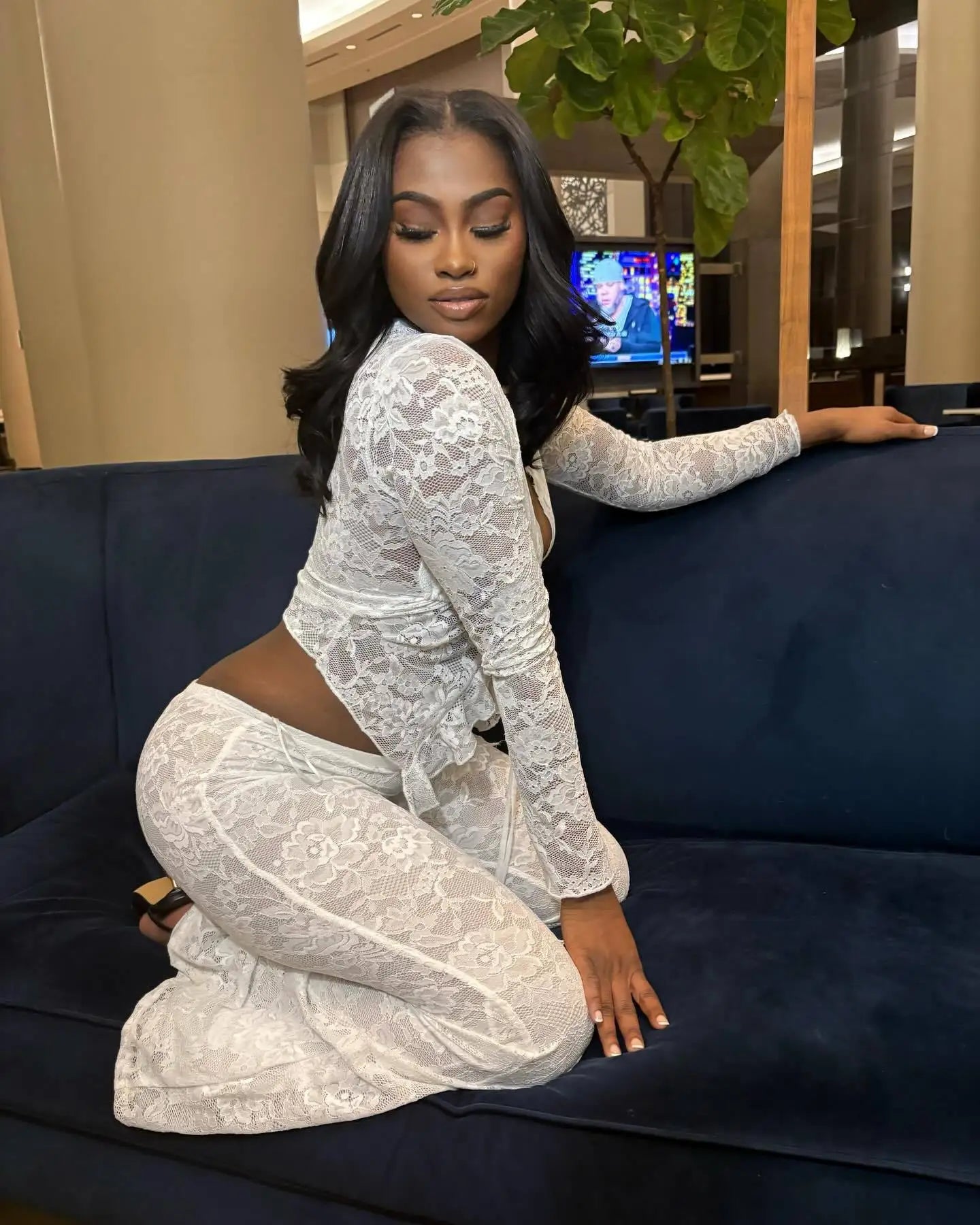 Pant Sets Women Two Pieces Cardigan Lace Sexy Tops Tracksuit Full Wide Leg Pants Loose Fit Casual Spliced High Waist Solid