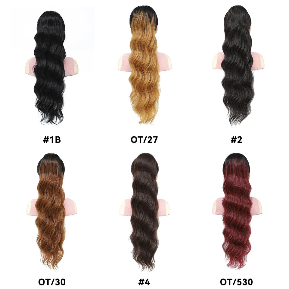 Queue de cheval à cordon de serrage de 28 pouces Extensions de cheveux synthétiques pour femmes noires Longue queue de cheval ondulée à clipser haute température pour femme afro