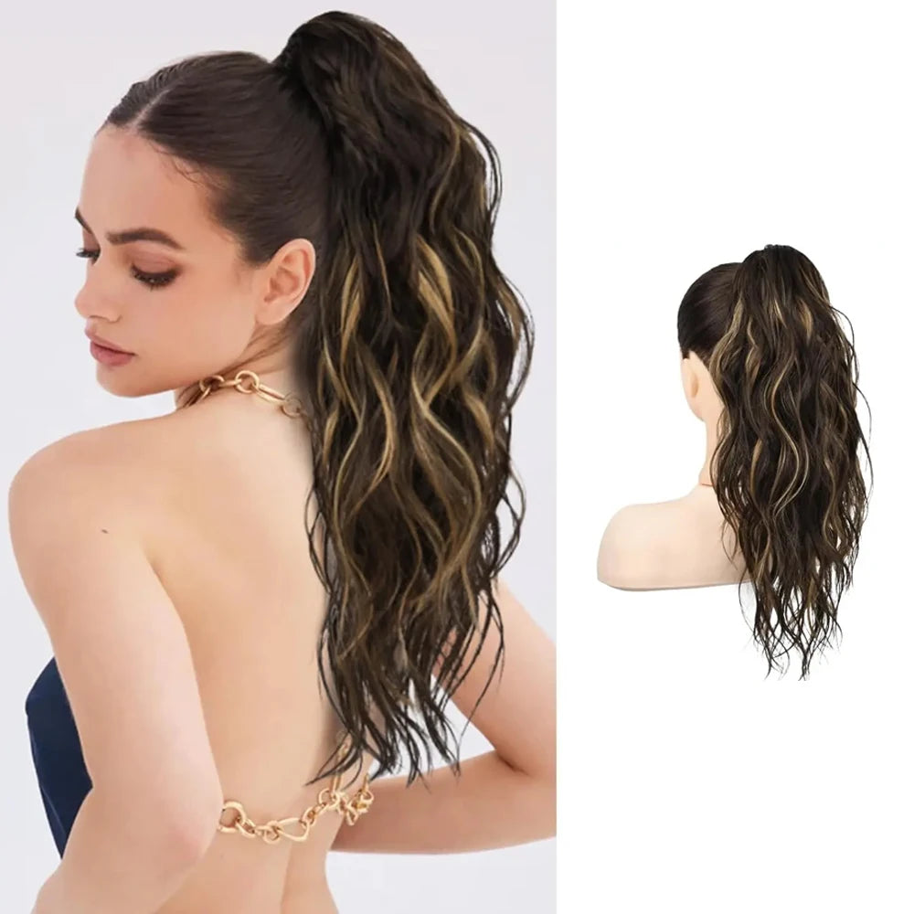 18" Wavy Claw Clip in Ponytail Hair Extensions Curly  Synthetic Fake Pony tails Hairpieces-Ash Brown with Blonde Highlights