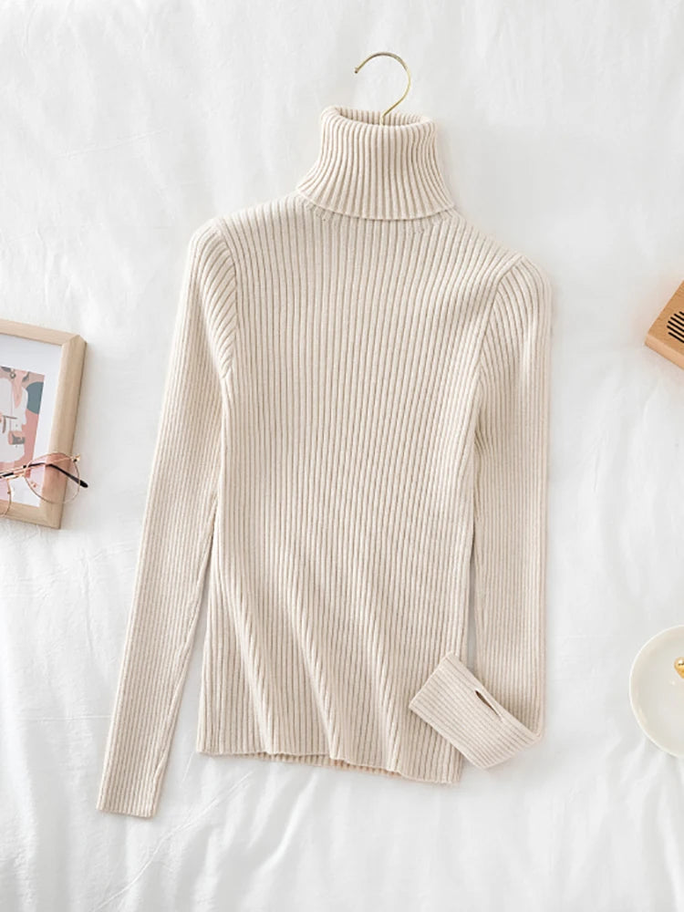 Varm, tykk høst-vintergenser til dame, enkel, ribbet bomullstopp, strikket, ensfarget polotrøye med tommelhull