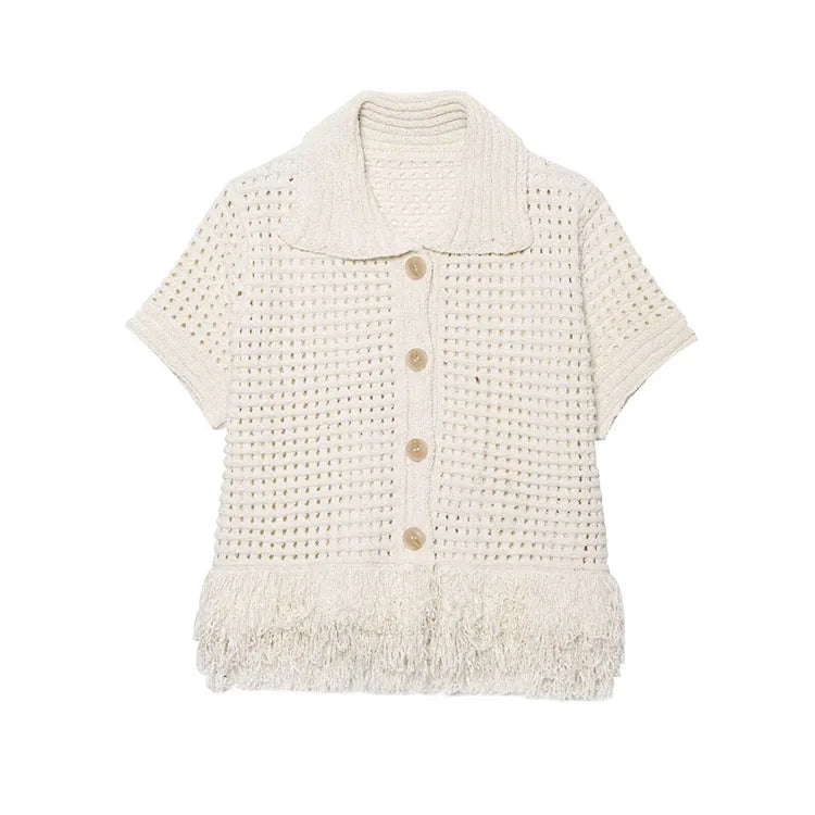 HipSeam Fringed Check Knit Skrts Sets Short Sleeved Lapel Button Tops Sexy Hip High Waist Skirts 2 Piece Set Women's Outfits