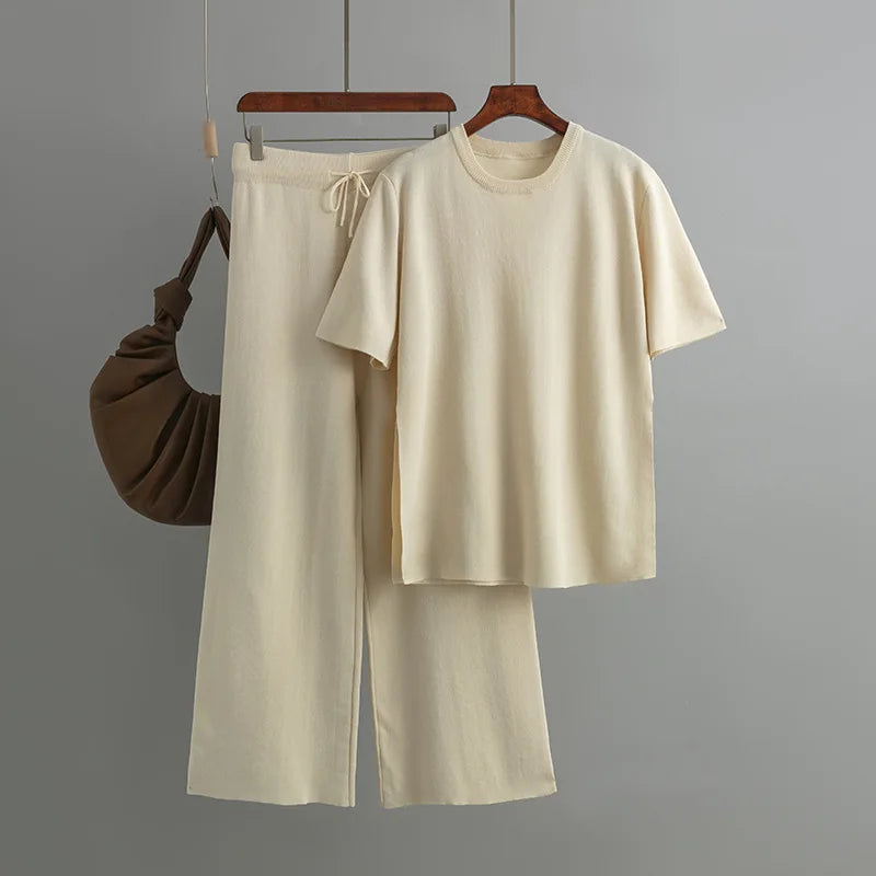 Pants Suit Women V-neck Loose Split Knit Tops Fashion Two-piece High Waist Straight Casual Pants Two Piece Sets Womens Outifits