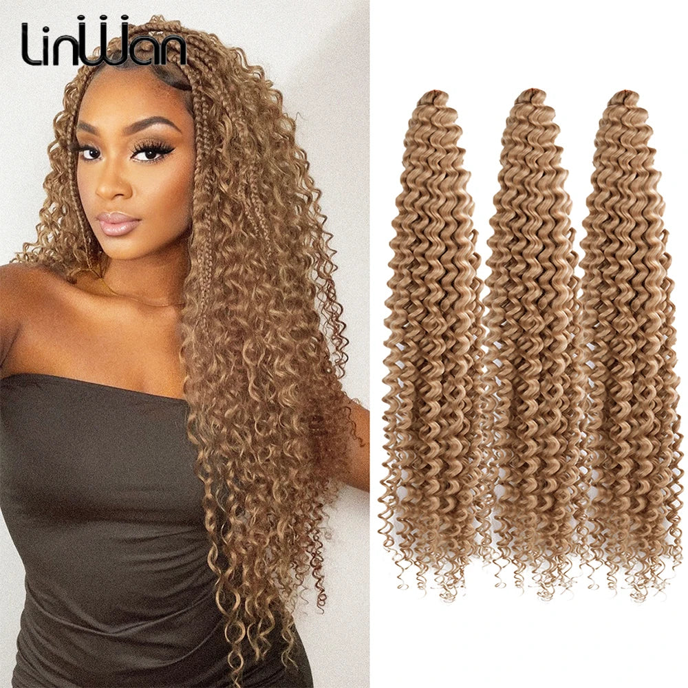 LINWAN Synthetic Curly Hair 24 Inch Water Wave Twist Crochet Braid Hair Ombre Pink  Deep Wave Braiding Hair Extension