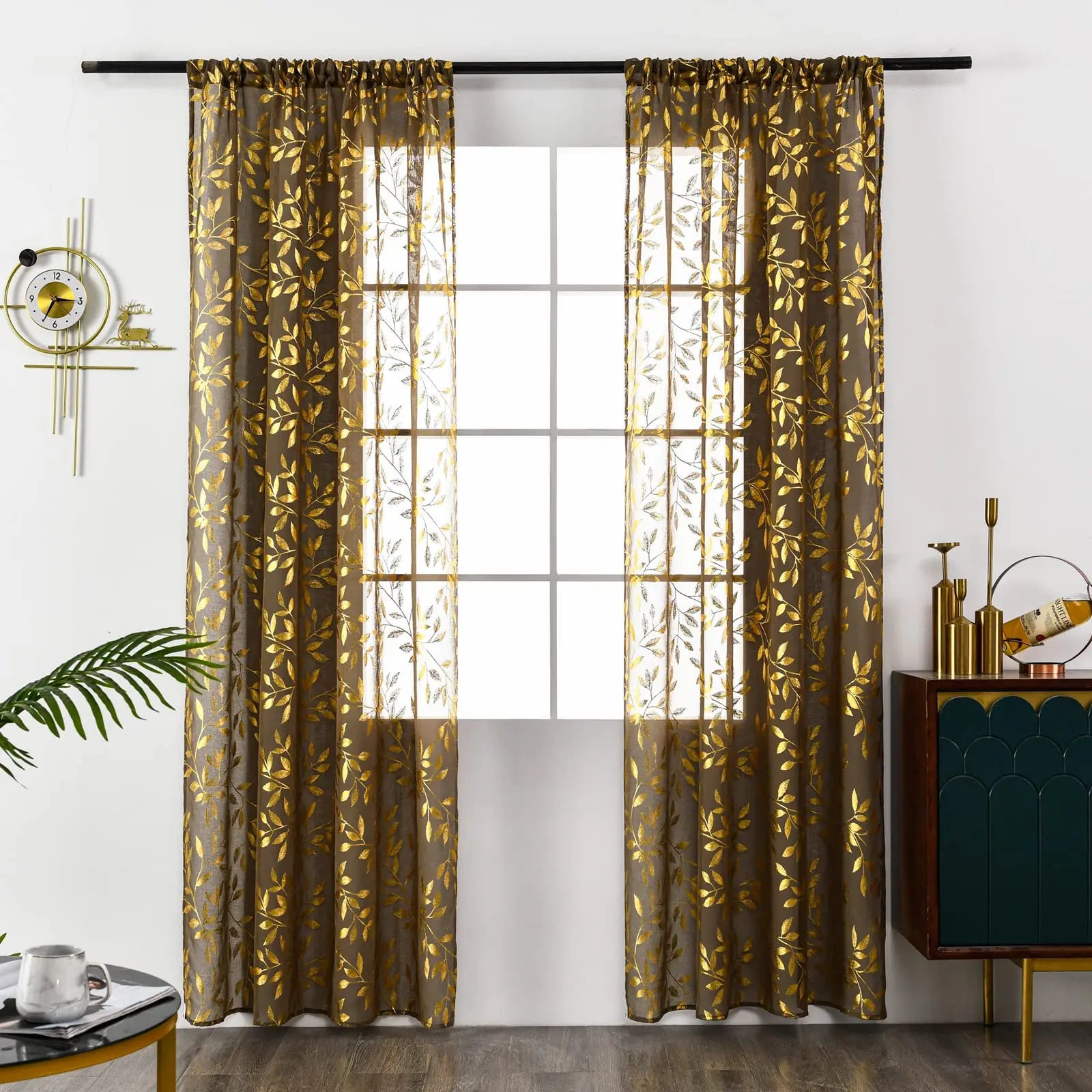 Taupe Gold Leaf Sheer Curtains (Pair)
