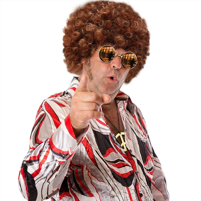Perruque Synthétique Homme Chapeau Cheveux Bouclés Casquette Lunettes de Soleil Collier Set 3 Pièces Drôle Années 70 Disco Hippie Accessoires Cheveux Fête Costume de Danse Hip Hop